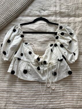 For Love & Lemons White Puff-Sleeve Polka Dot Tie-Front Top